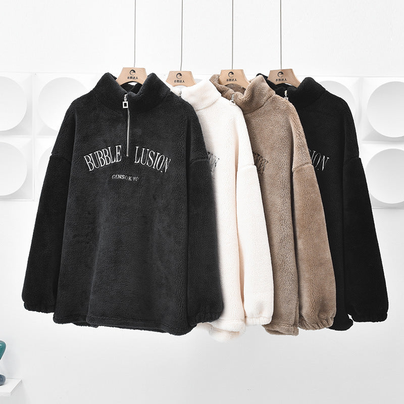 Velvet Padded Loose Mid-length Half Zipped Stand Collar Sweater